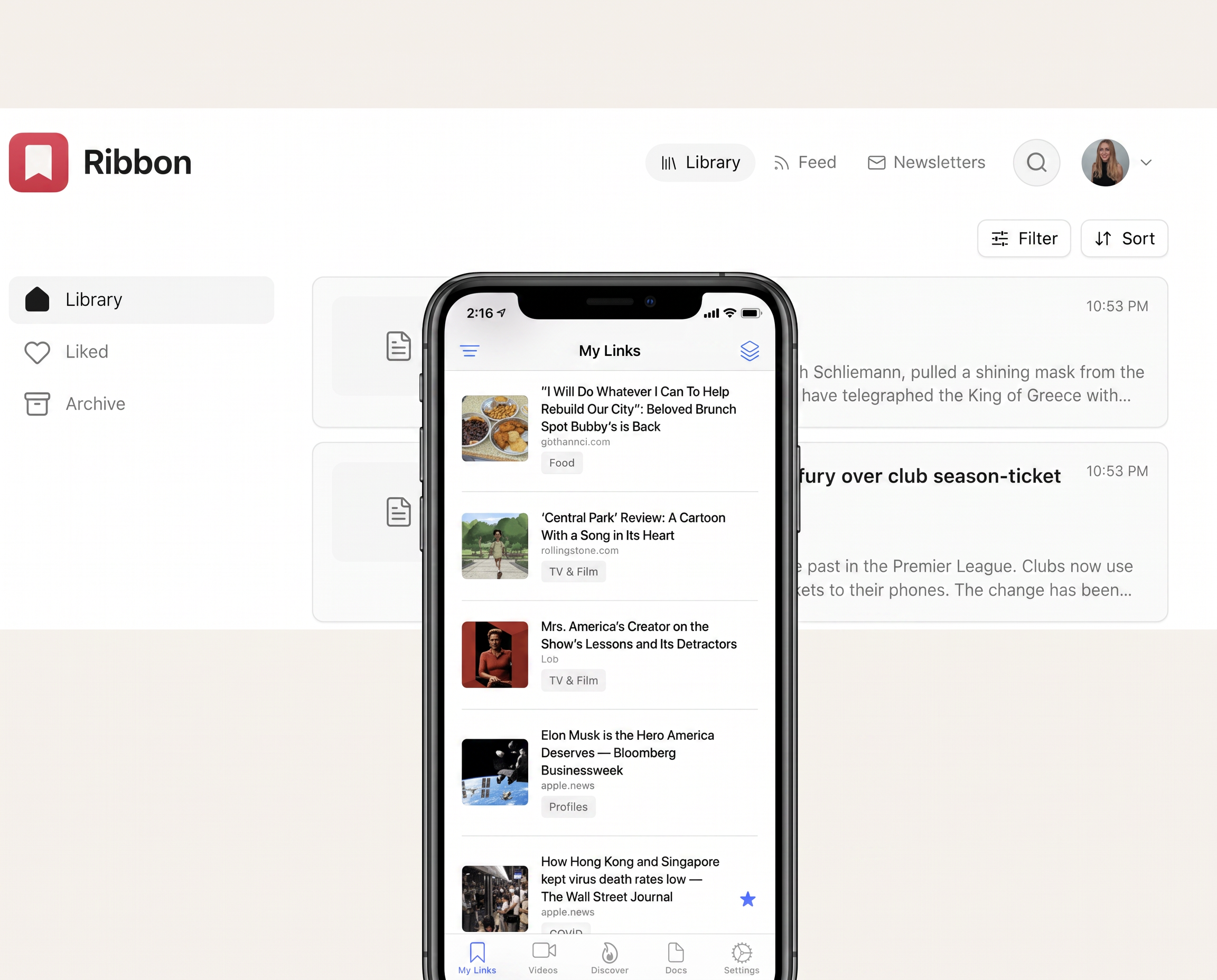 Ribbon read-it-later app interface designed by Gara